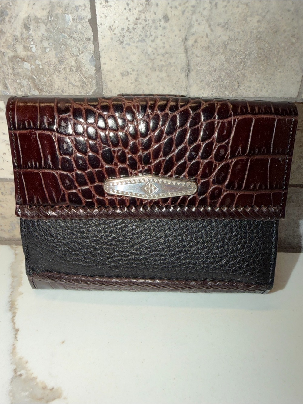 Brighton Dark Brown Croc-Embossed and Black Bifold Wallet